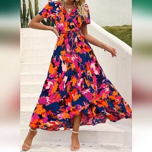 Prettygarden Floral Midi Maxi Wrap Dress Size Large Short Sleeve Floral